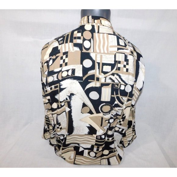 VTG Natural Issue By Feldini Men L Tan Black Geometric Shapes rayon Button Shirt - Picture 9 of 11